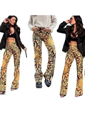 Zara paisley floral flower print pants 70’s yellow black orange Sz XS NWT